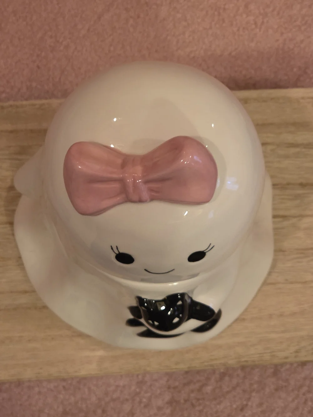 Halloween Coquette Ghost Cookie Jar with Pink Bow Holding A Cat